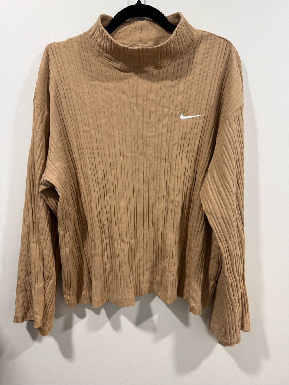 Nike Women's Tan Ribbed Mock-Neck Sweatshirt with White Swoosh